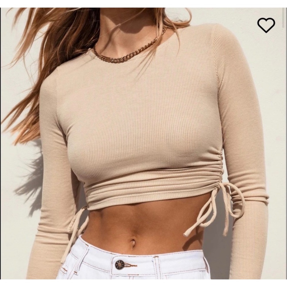 Princess Polly Noorie Brown Ruched‎ Sides Long Sleeve Rib Knit Crop Top Size 2